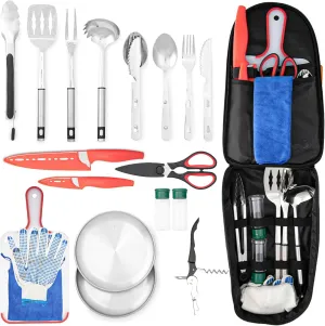 Camping Utensils Set, 21pcs Camp Cooking Kit with BBQ Tools, Knife Set & Spice Kit – Heat-Resistant Cutting Board, Dishwasher-Safe Cutlery for Outdoor, Hiking, Backpacking