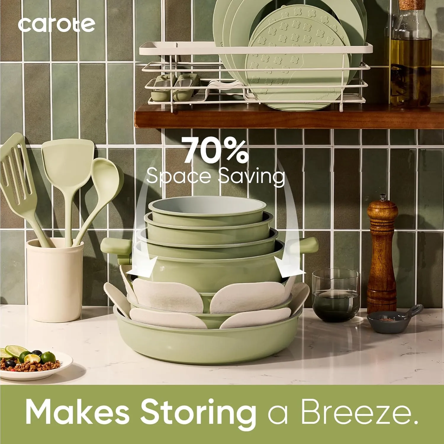 CAROTE 25pcs Ceramic Cookware Set Nonstick, Pots and Pans Set Non stick, Non Toxic Cookware, Dishwasher/Oven Safe, RV/Camping Cookware Set, Pan and Pot with Kitchen Utensils, Green