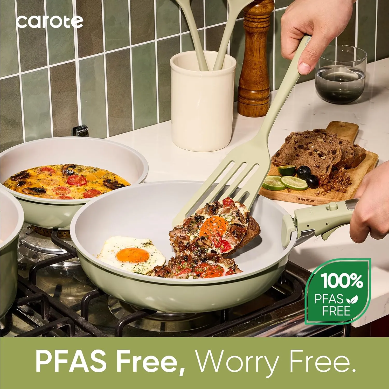 CAROTE 25pcs Ceramic Cookware Set Nonstick, Pots and Pans Set Non stick, Non Toxic Cookware, Dishwasher/Oven Safe, RV/Camping Cookware Set, Pan and Pot with Kitchen Utensils, Green
