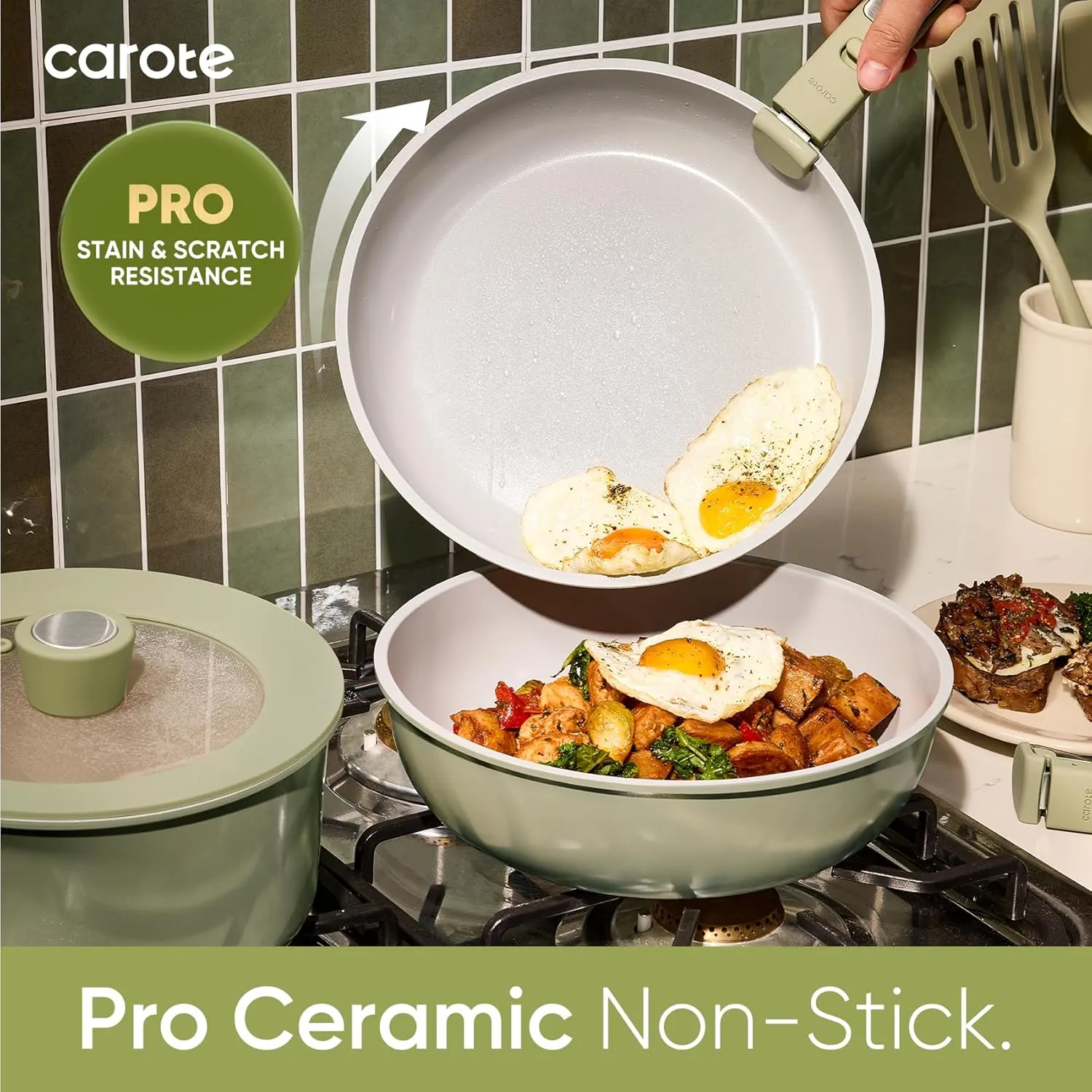 CAROTE 25pcs Ceramic Cookware Set Nonstick, Pots and Pans Set Non stick, Non Toxic Cookware, Dishwasher/Oven Safe, RV/Camping Cookware Set, Pan and Pot with Kitchen Utensils, Green