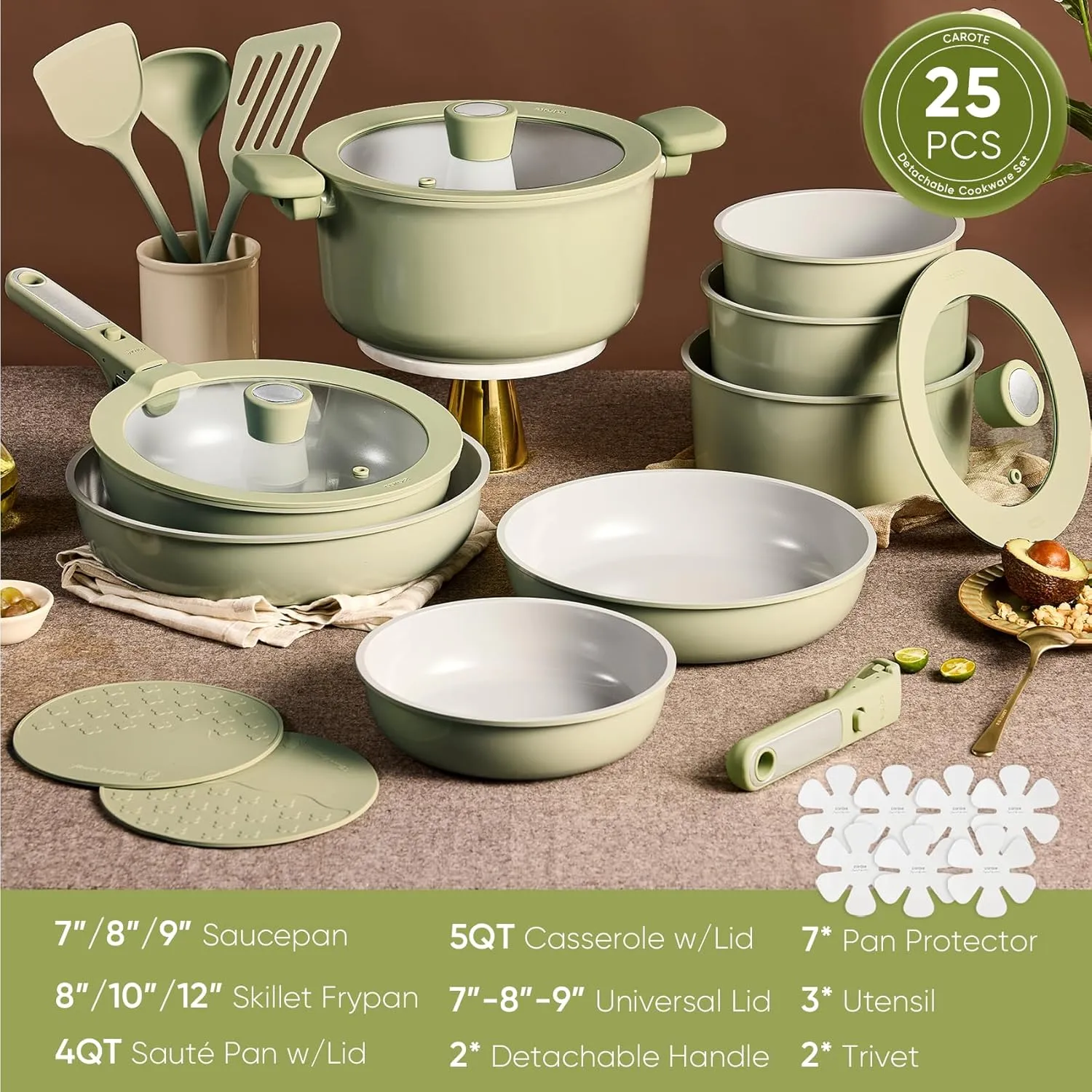 CAROTE 25pcs Ceramic Cookware Set Nonstick, Pots and Pans Set Non stick, Non Toxic Cookware, Dishwasher/Oven Safe, RV/Camping Cookware Set, Pan and Pot with Kitchen Utensils, Green