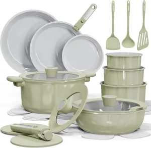 CAROTE 25pcs Ceramic Cookware Set Nonstick, Pots and Pans Set Non stick, Non Toxic Cookware, Dishwasher/Oven Safe, RV/Camping Cookware Set, Pan and Pot with Kitchen Utensils, Green