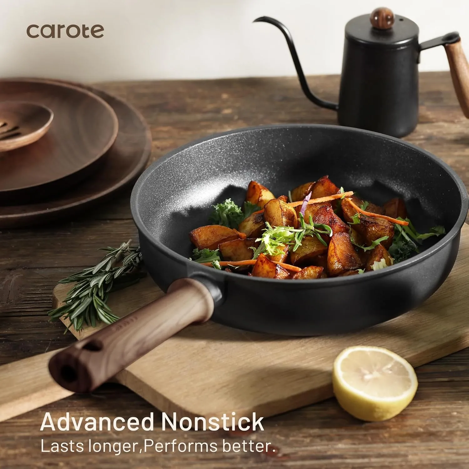 CAROTE Titanium Pan Non Stick Frying Pans, 8/9.5/11 Inch Nonstick Skillet Chef's Pan with lid, Compatible with All Stoves, 9.5''