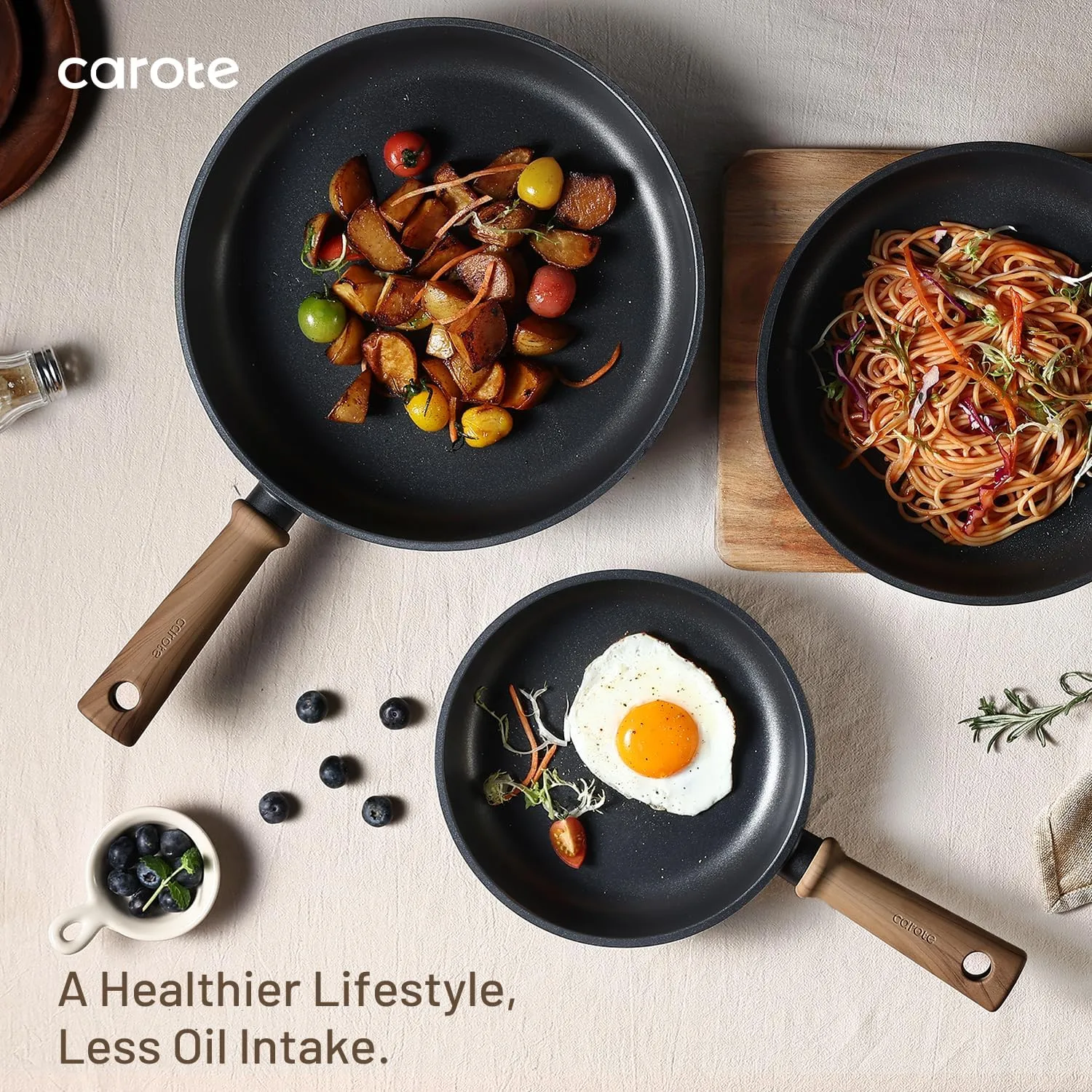 CAROTE Titanium Pan Non Stick Frying Pans, 8/9.5/11 Inch Nonstick Skillet Chef's Pan with lid, Compatible with All Stoves, 9.5''
