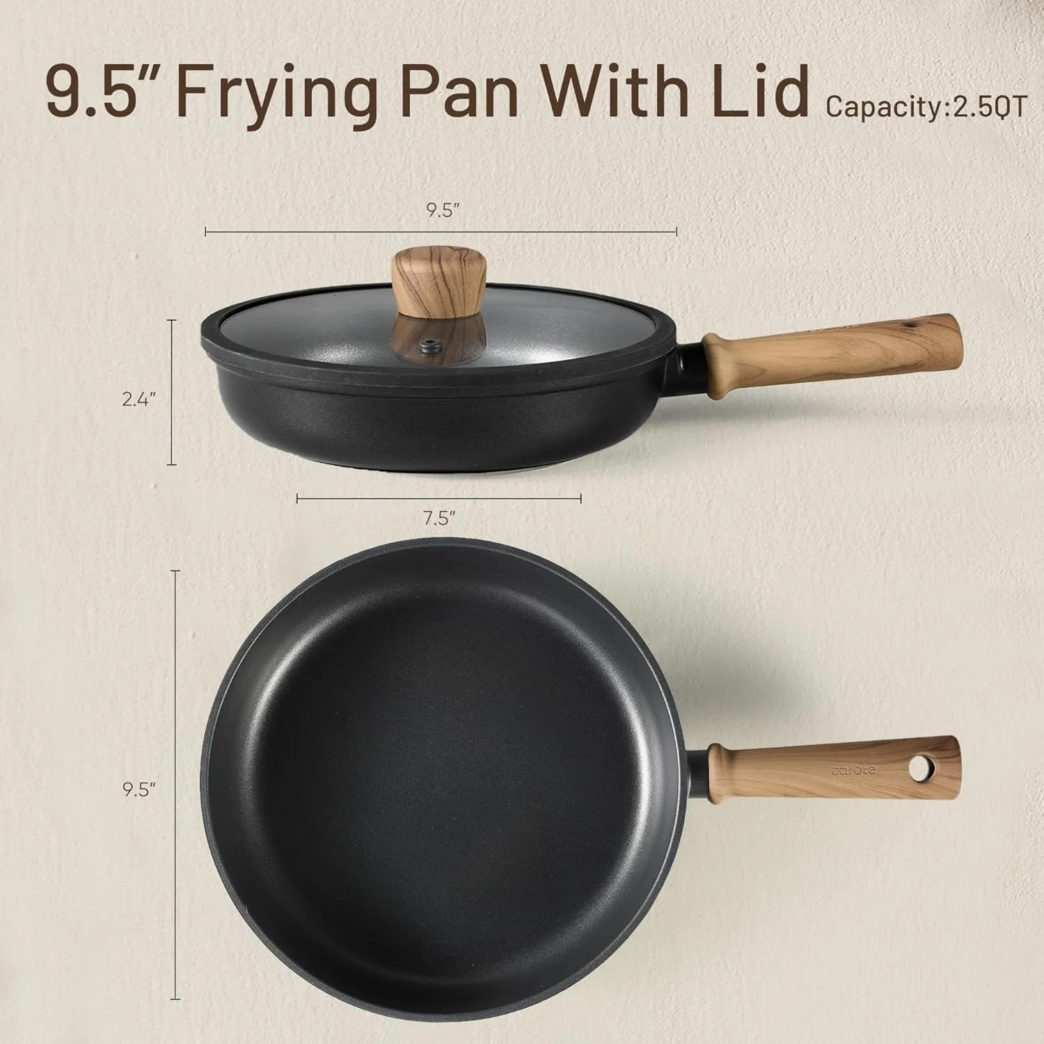 CAROTE Titanium Pan Non Stick Frying Pans, 8/9.5/11 Inch Nonstick Skillet Chef's Pan with lid, Compatible with All Stoves, 9.5''
