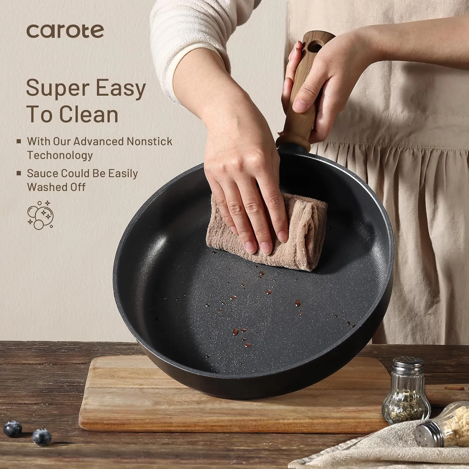 CAROTE Titanium Pan Non Stick Frying Pans, 8/9.5/11 Inch Nonstick Skillet Chef's Pan with lid, Compatible with All Stoves, 9.5''