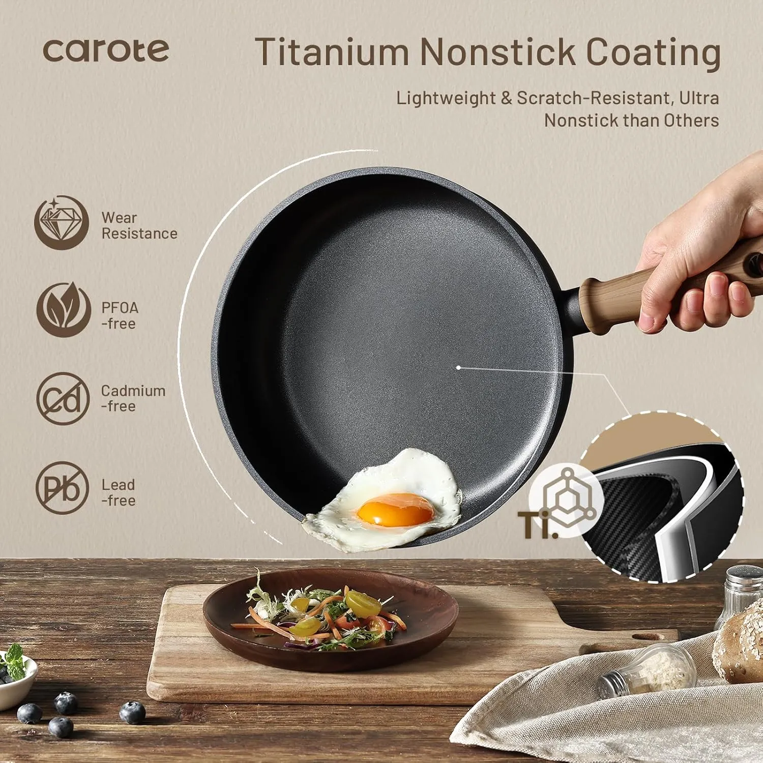 CAROTE Titanium Pan Non Stick Frying Pans, 8/9.5/11 Inch Nonstick Skillet Chef's Pan with lid, Compatible with All Stoves, 9.5''