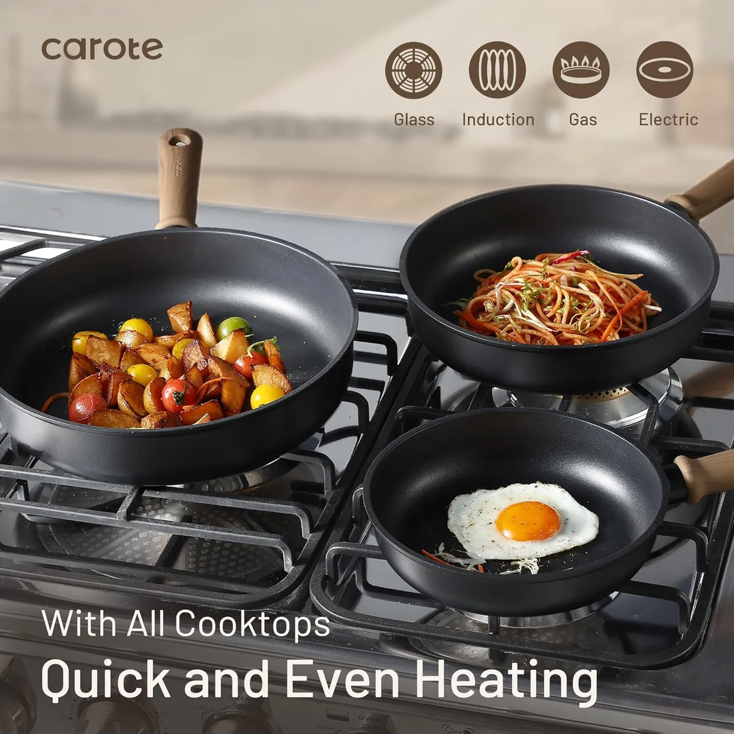 CAROTE Titanium Pan Non Stick Frying Pans, 8/9.5/11 Inch Nonstick Skillet Chef's Pan with lid, Compatible with All Stoves, 9.5''