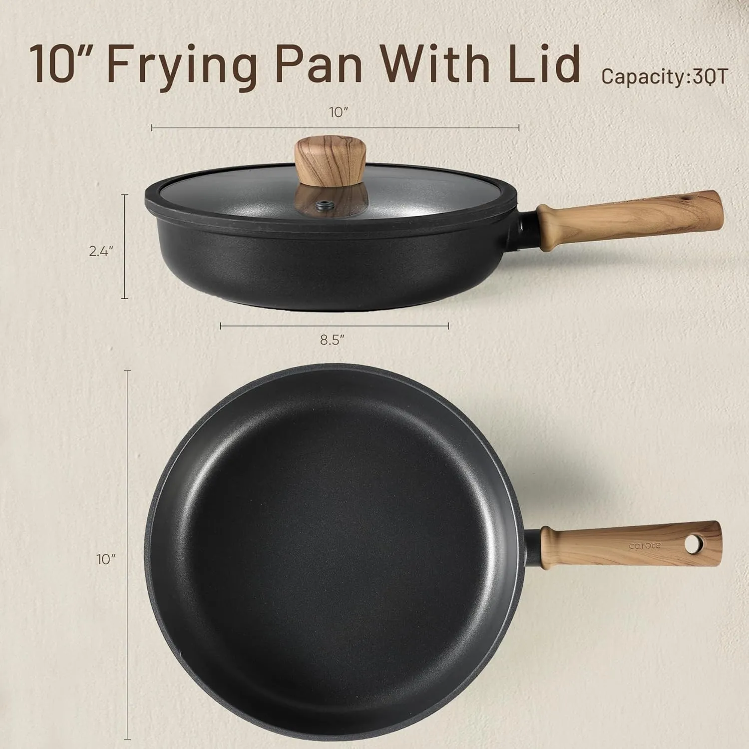 CAROTE Titanium Pan Non Stick Frying Pans with Lid, 8/9.5/11 Inch Nonstick Skillet Chef's Pan with Lid, Compatible with All Stoves, 10''