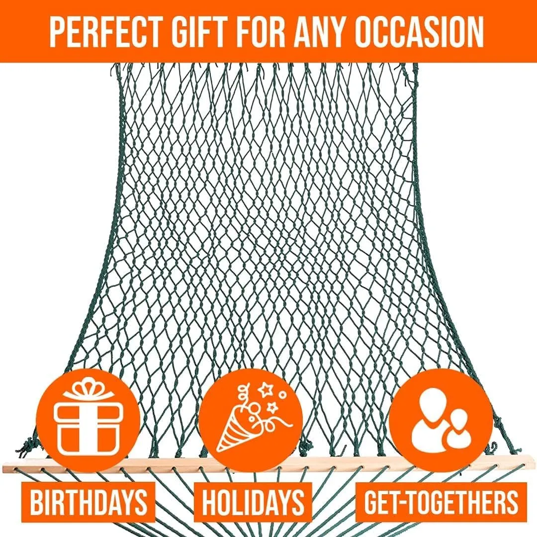 Castaway Living 13 ft. Double Traditional Hand Woven Green Polyester Rope Hammock with Free Extension Chains and Tree Hooks, for 2 People with a Weight Capacity of 450 lbs.
