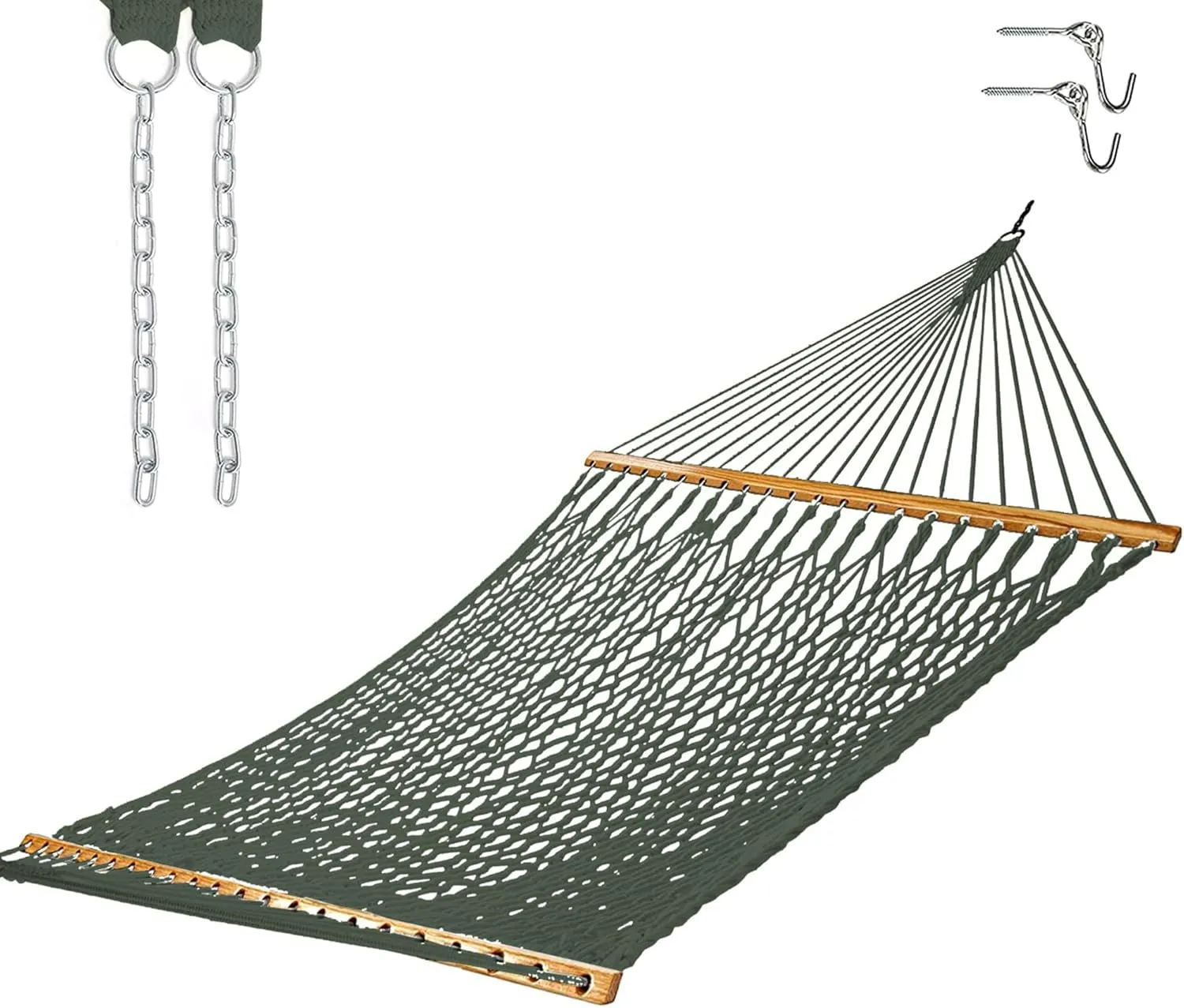 Castaway Living 13 ft. Double Traditional Hand Woven Green Polyester Rope Hammock with Free Extension Chains and Tree Hooks, for 2 People with a Weight Capacity of 450 lbs.