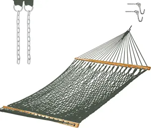 Castaway Living 13 ft. Double Traditional Hand Woven Green Polyester Rope Hammock with Free Extension Chains and Tree Hooks, for 2 People with a Weight Capacity of 450 lbs.