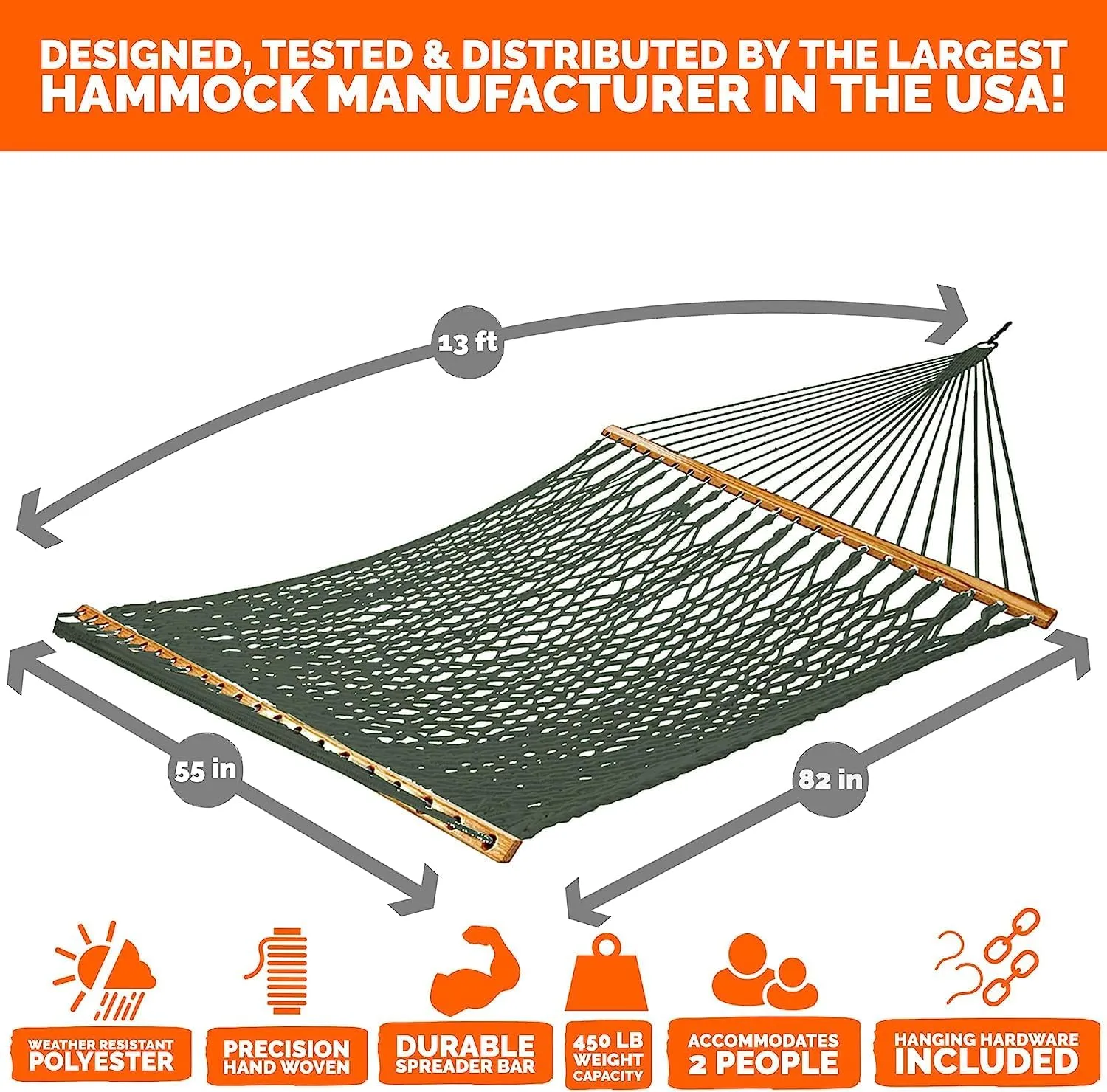 Castaway Living 13 ft. Double Traditional Hand Woven Green Polyester Rope Hammock with Free Extension Chains and Tree Hooks, for 2 People with a Weight Capacity of 450 lbs.