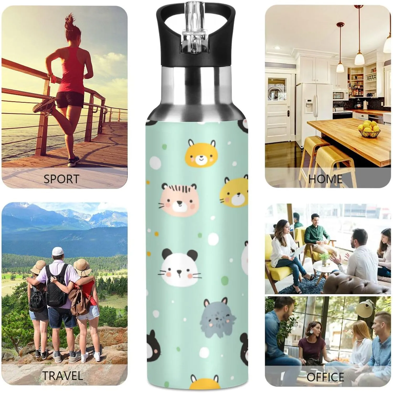Cats Animal Water Bottle with Straw Lid Double Wall Cute Thermos Bottle Vacuum Insulated Flask Stainless Steel Water Bottle for Gym Outdoor 20 OZ