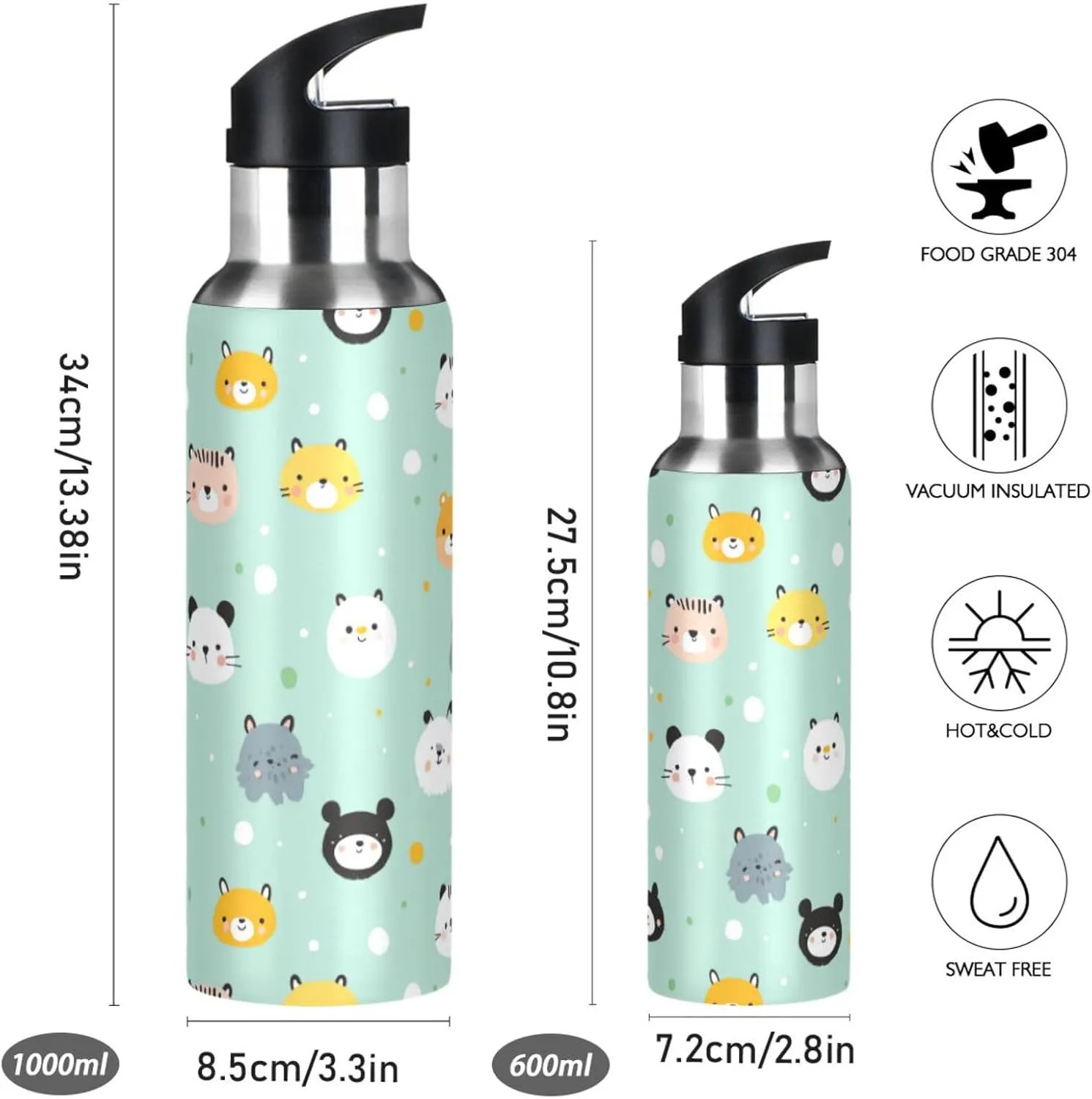 Cats Animal Water Bottle with Straw Lid Double Wall Cute Thermos Bottle Vacuum Insulated Flask Stainless Steel Water Bottle for Gym Outdoor 20 OZ