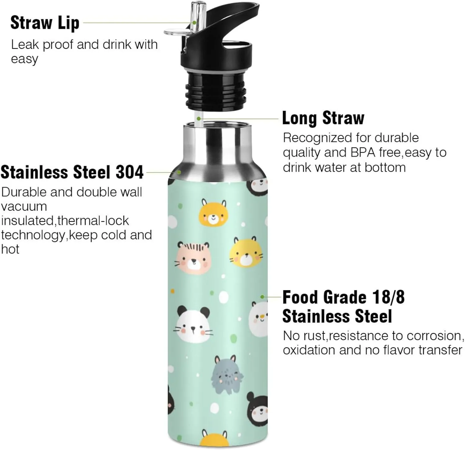 Cats Animal Water Bottle with Straw Lid Double Wall Cute Thermos Bottle Vacuum Insulated Flask Stainless Steel Water Bottle for Gym Outdoor 20 OZ