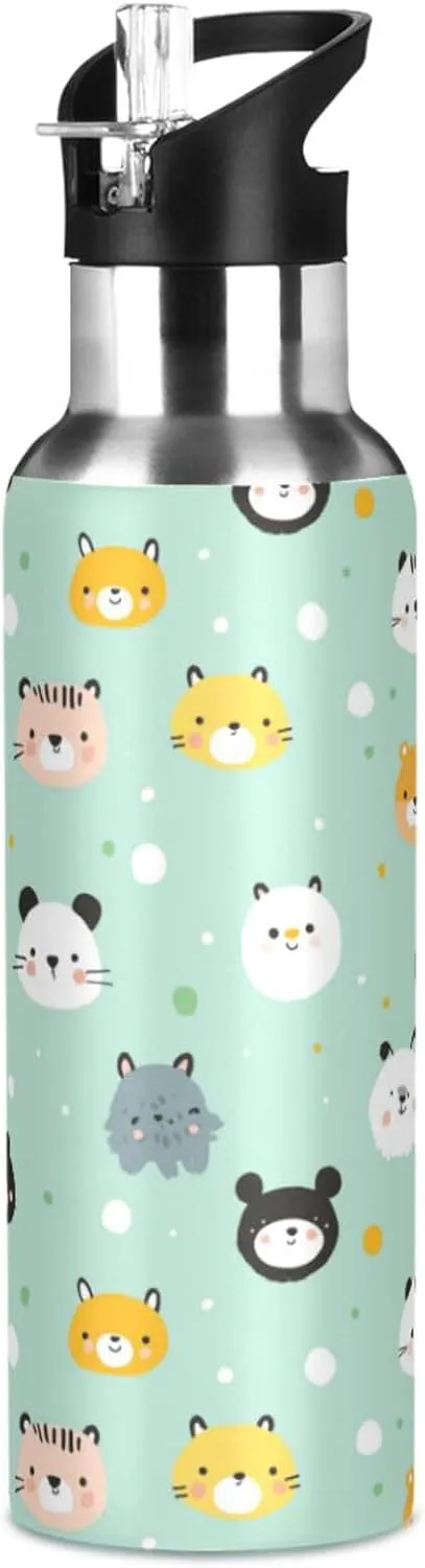 Cats Animal Water Bottle with Straw Lid Double Wall Cute Thermos Bottle Vacuum Insulated Flask Stainless Steel Water Bottle for Gym Outdoor 20 OZ