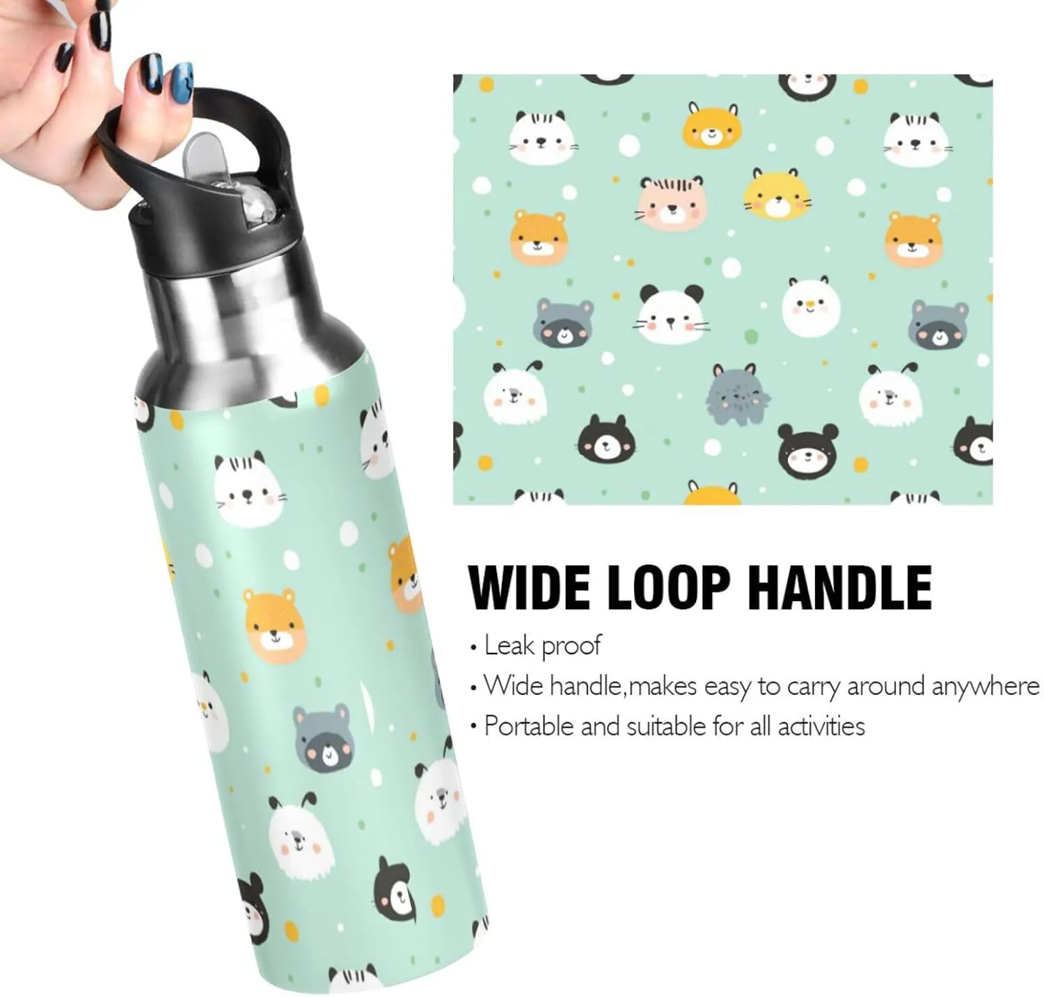 Cats Animal Water Bottle with Straw Lid Double Wall Cute Thermos Bottle Vacuum Insulated Flask Stainless Steel Water Bottle for Gym Outdoor 20 OZ