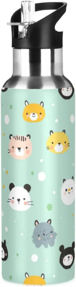 Cats Animal Water Bottle with Straw Lid Double Wall Cute Thermos Bottle Vacuum Insulated Flask Stainless Steel Water Bottle for Gym Outdoor 20 OZ