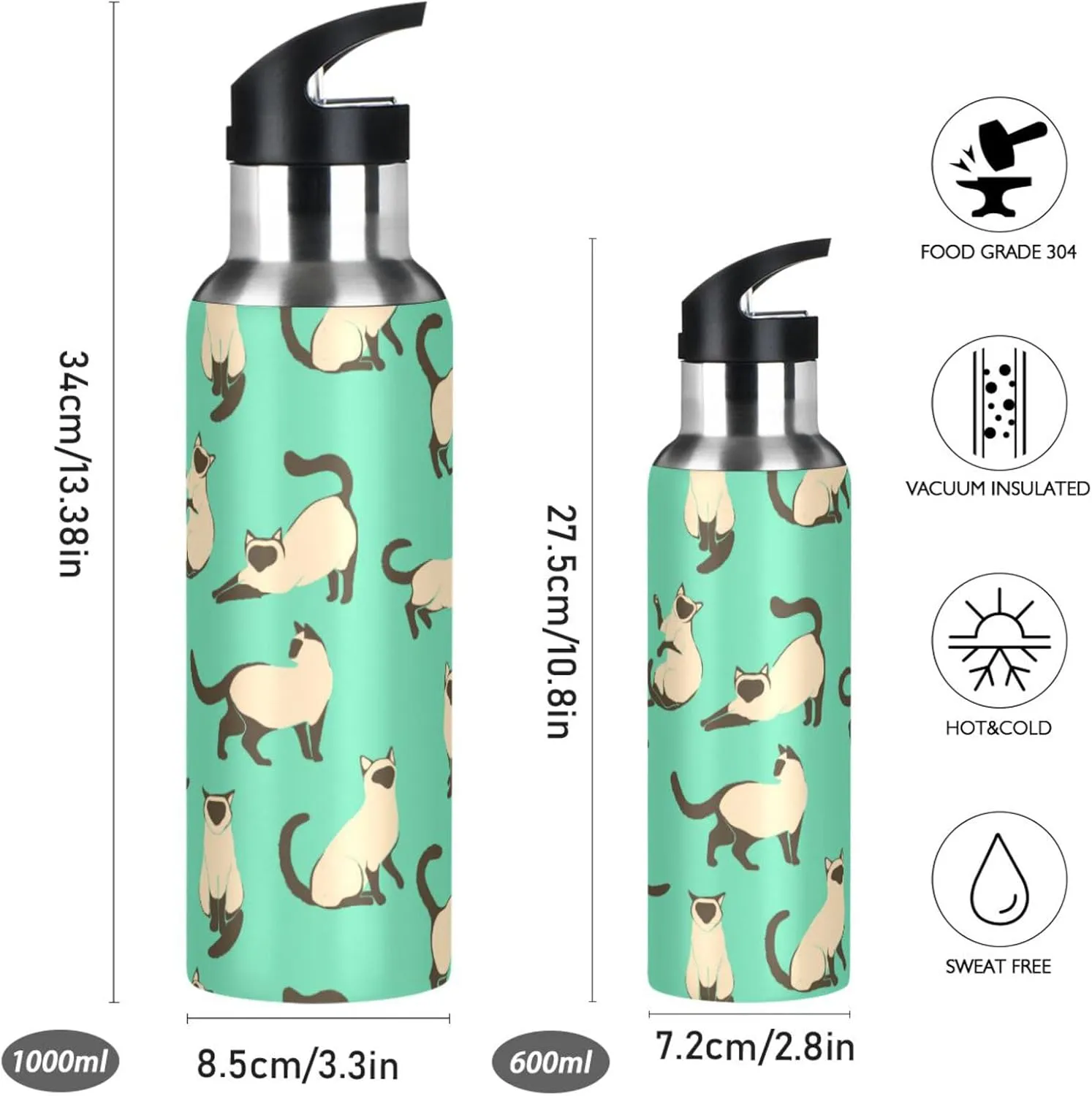 Cats Green Water Bottle with Straw Lid Double Wall Cute Thermos Bottle Vacuum Insulated Flask Stainless Steel Water Bottle for Gym Outdoor 20 OZ