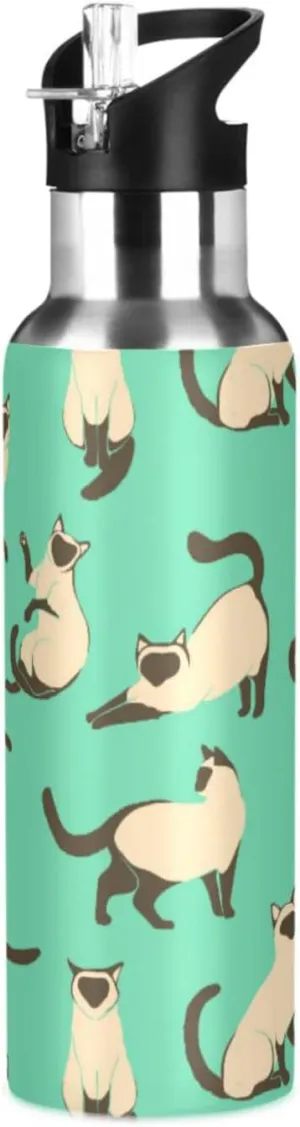 Cats Green Water Bottle with Straw Lid Double Wall Cute Thermos Bottle Vacuum Insulated Flask Stainless Steel Water Bottle for Gym Outdoor 20 OZ