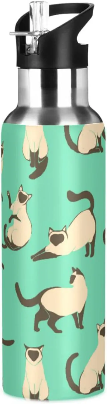 Cats Green Water Bottle with Straw Lid Double Wall Cute Thermos Bottle Vacuum Insulated Flask Stainless Steel Water Bottle for Gym Outdoor 20 OZ