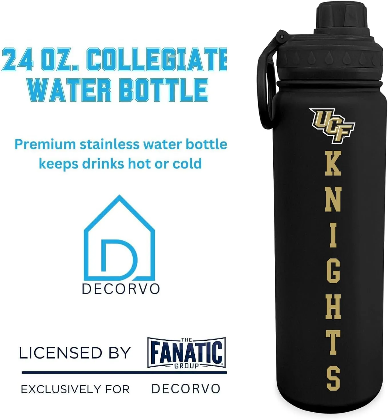 Central Florida Logo Water Bottle - Black Double Walled Stainless Steel 24 oz Keeps Drinks Cold or Hot