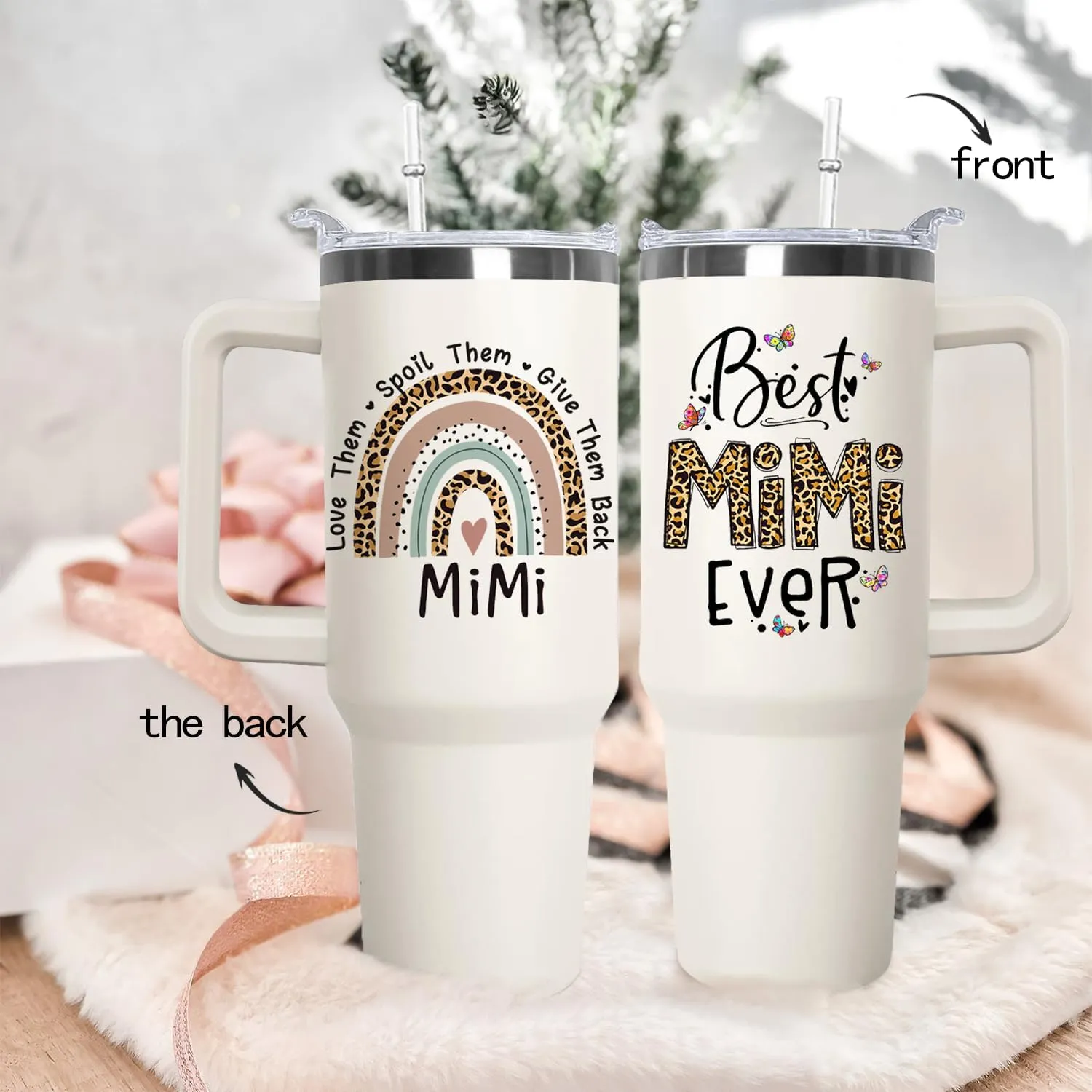 Ceovfoi Mimi Tumbler with Handle Lid and Straw, 40 oz Best Mimi Ever Vacuum Insulated Travel Coffee Mug CupTumbler, Mothers Day Gifts for Grandmother