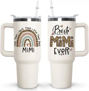 Ceovfoi Mimi Tumbler with Handle Lid and Straw, 40 oz Best Mimi Ever Vacuum Insulated Travel Coffee Mug CupTumbler, Mothers Day Gifts for Grandmother