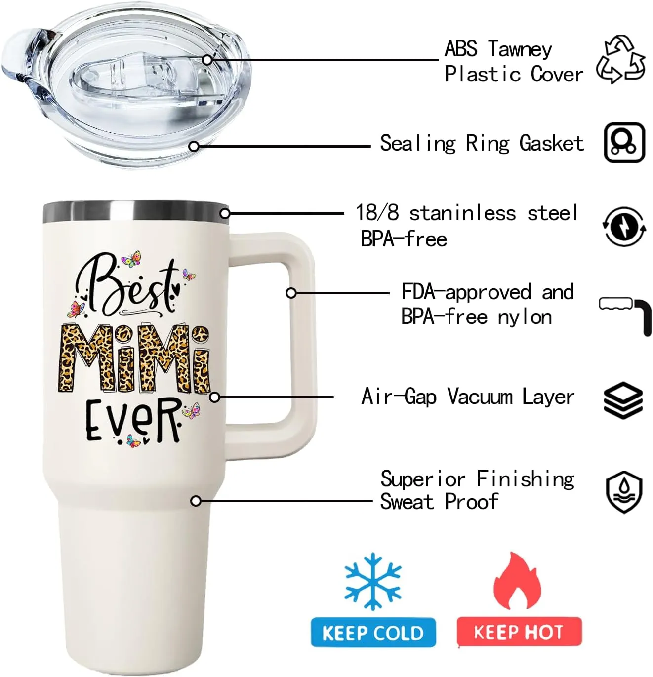 Ceovfoi Mimi Tumbler with Handle Lid and Straw, 40 oz Best Mimi Ever Vacuum Insulated Travel Coffee Mug CupTumbler, Mothers Day Gifts for Grandmother