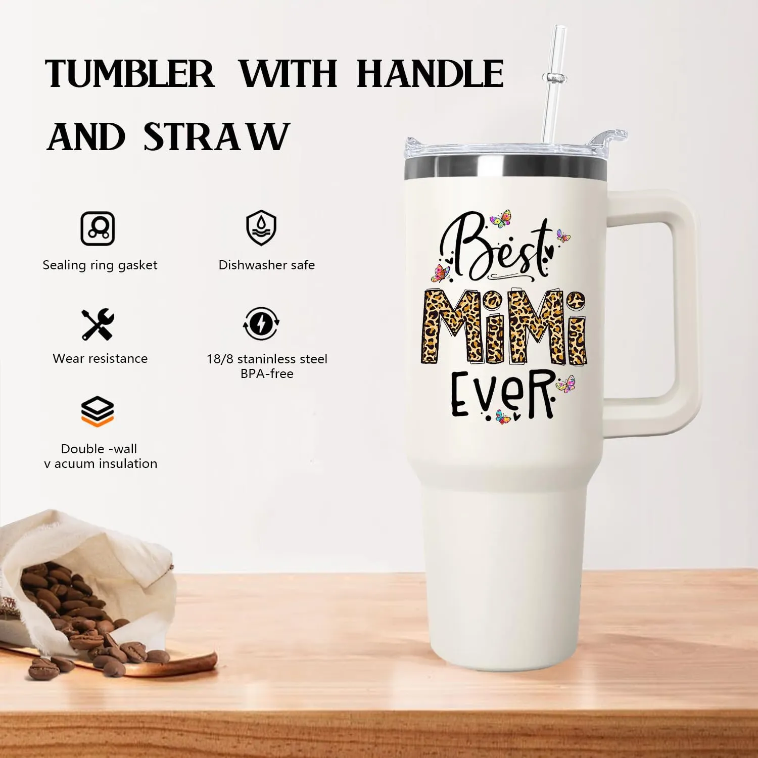 Ceovfoi Mimi Tumbler with Handle Lid and Straw, 40 oz Best Mimi Ever Vacuum Insulated Travel Coffee Mug CupTumbler, Mothers Day Gifts for Grandmother