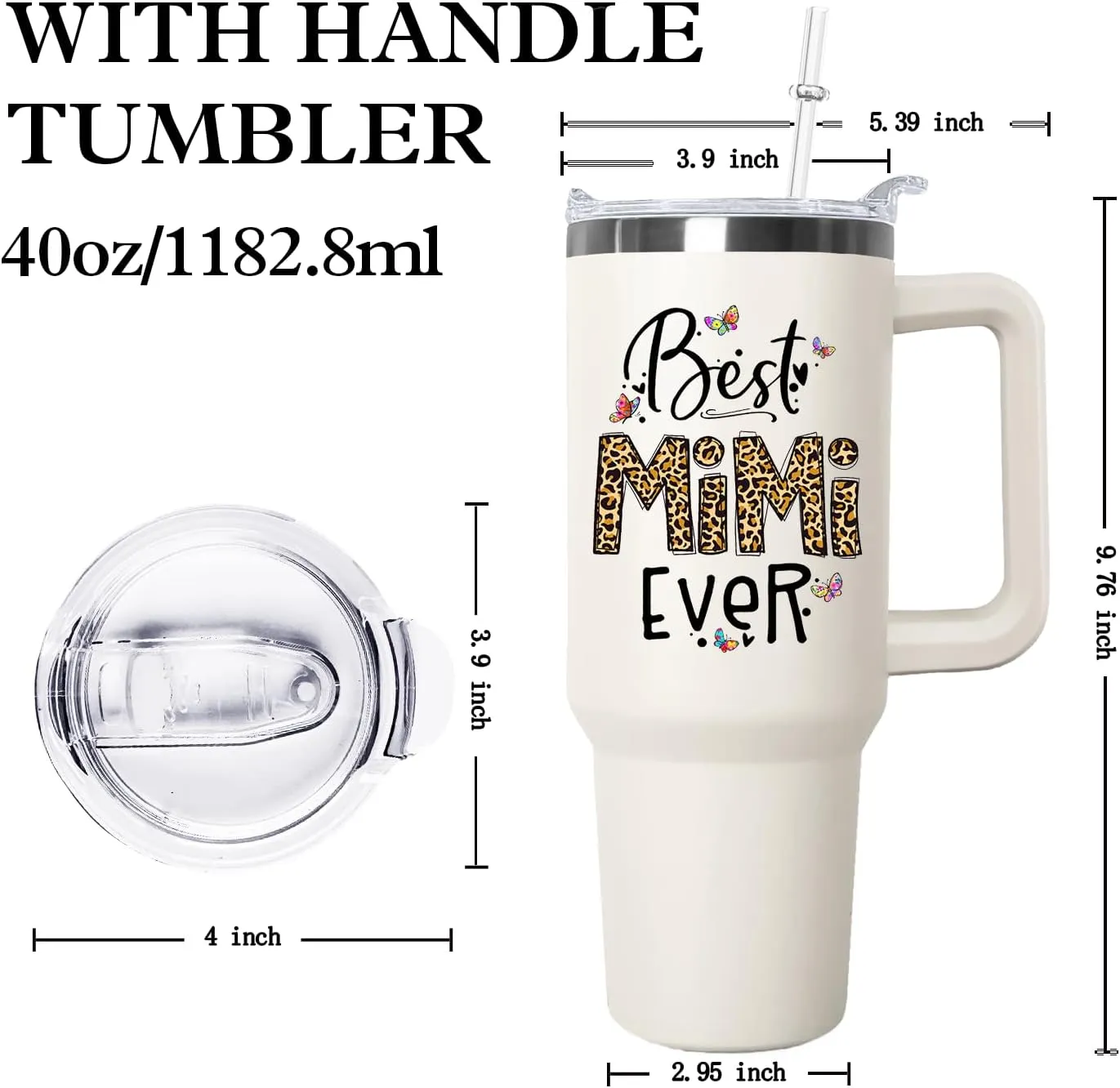 Ceovfoi Mimi Tumbler with Handle Lid and Straw, 40 oz Best Mimi Ever Vacuum Insulated Travel Coffee Mug CupTumbler, Mothers Day Gifts for Grandmother