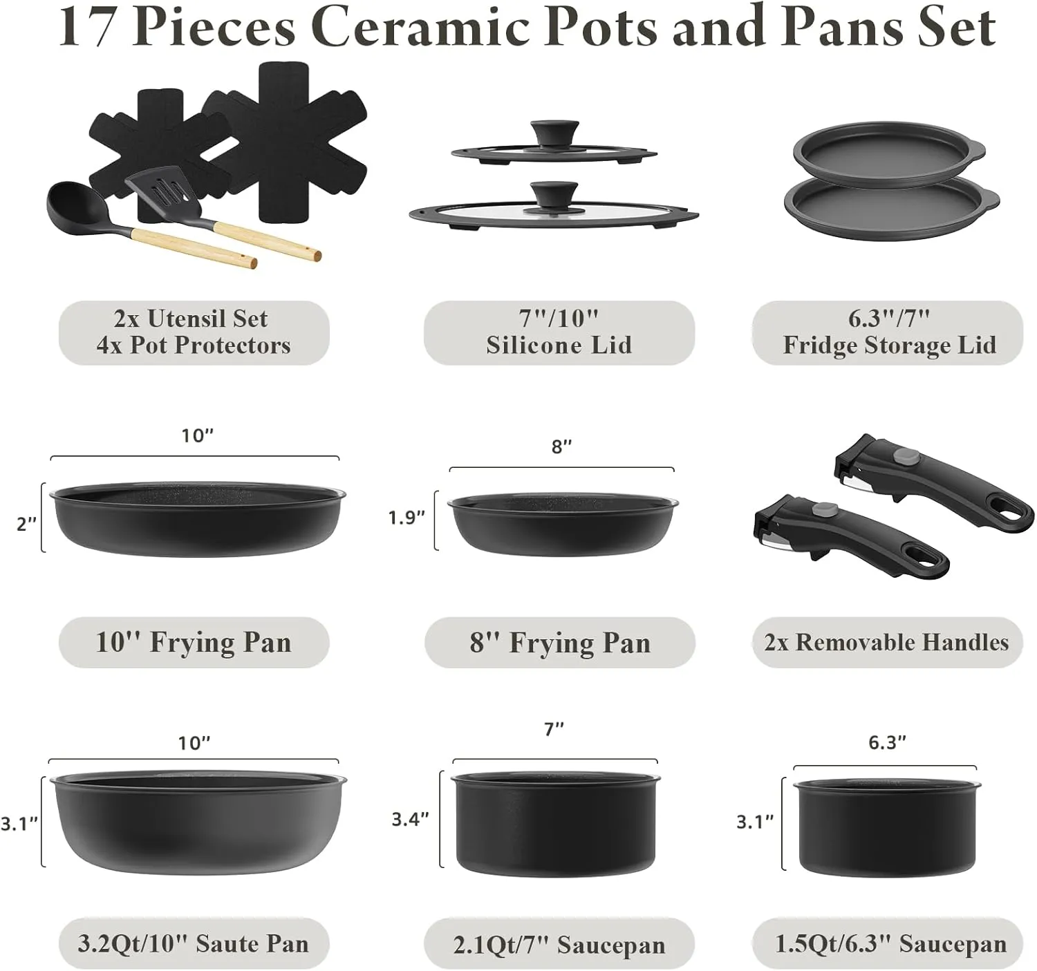 Ceramic Nonstick Cookware Set, Healthy,Non Toxic,17-Pieces Pots and Pans Set Removable Handles,Induction RV Kitchen Set,Stain & Scratch-resistant,Dishwasher/Oven Safe,PFAS/PFOA Free,Black
