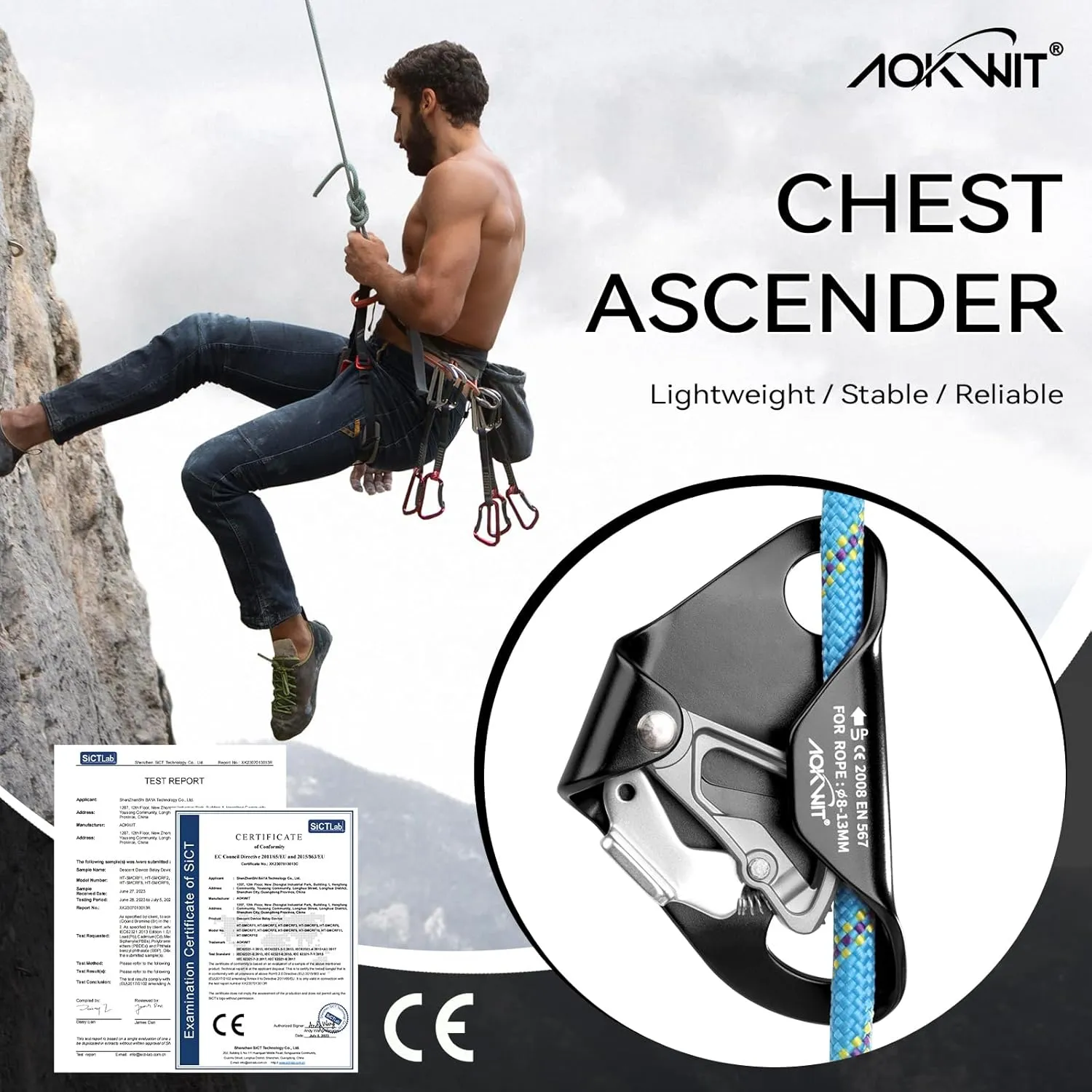 Chest Ascender Tree Climbing Gear Rope Grab High-Strength Aluminum Alloy Rappelling Equipment CE Certified for Rock Climbing Rescue Aerial Work Mountaineering Caving Arborist Work 8-13mm Ropes
