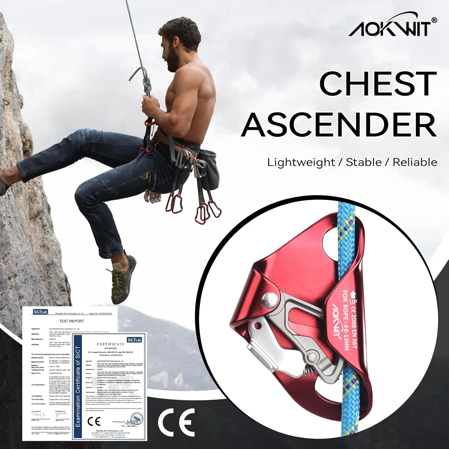 Chest Ascender Tree Climbing Gear Rope Grab High-Strength Aluminum Alloy Rappelling Equipment CE Certified for Rock Climbing Rescue Aerial Work Mountaineering Caving Arborist Work 8-13mm Ropes