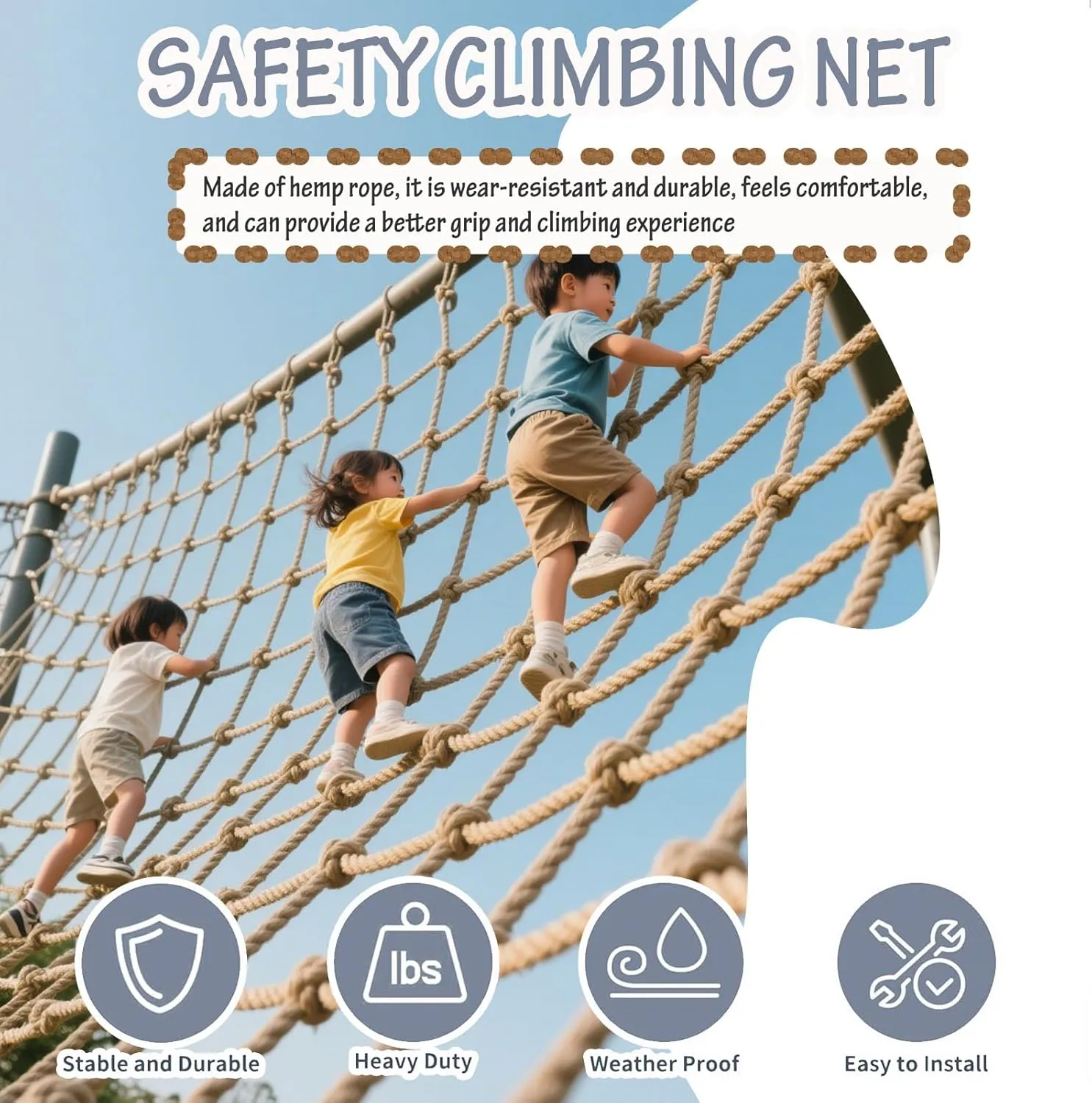 Child Playground Net Heavy Duty Climbing Net Treehouse Hemp Rope Cargo Nets Decor Net Railing Protection Net for Indoor and Outdoor, 6Mm Diameter,20cm 6mm,400x400cm