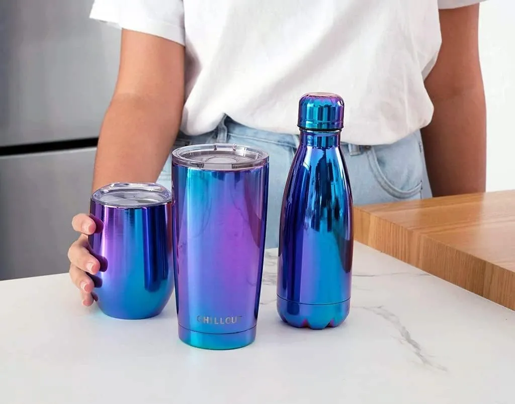 CHILLOUT LIFE Stainless Steel 2 Pack Water Bottle for Kids School: 12 oz Double Wall Insulated Cola Bottle Shape for Cold and Warm Drinks, 2 Set (Magic Rainbow - Magic Blue)