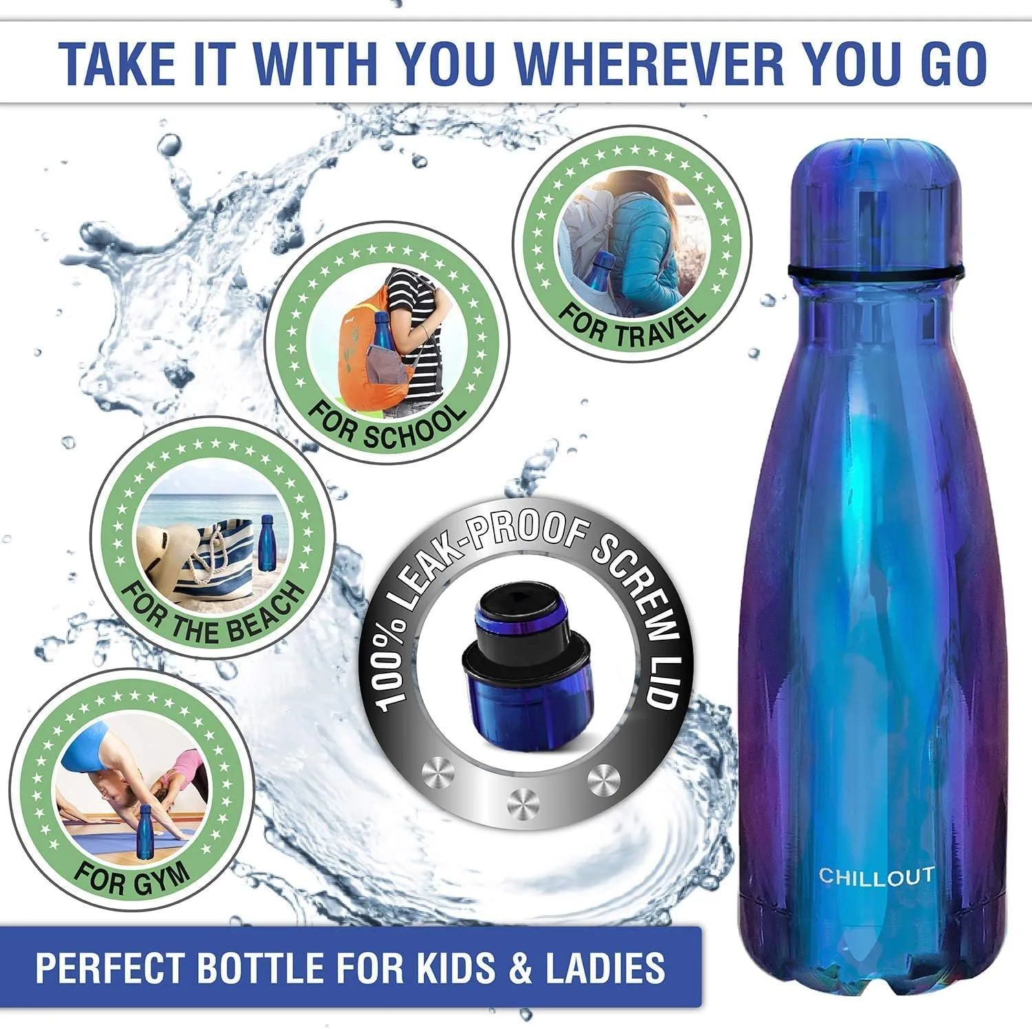 CHILLOUT LIFE Stainless Steel 2 Pack Water Bottle for Kids School: 12 oz Double Wall Insulated Cola Bottle Shape for Cold and Warm Drinks, 2 Set (Magic Rainbow - Magic Blue)