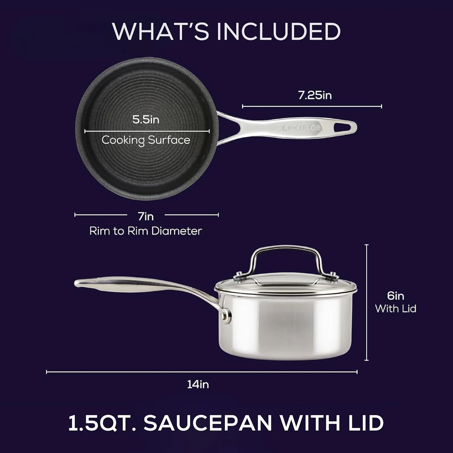 Circulon C1 Series Clad Stainless Steel with ScratchDefense Technology Cookware Nonstick Induction Saucepan with Lid, Metal Utensil Safe, 1.5 Quart - Polished Stainless Steel