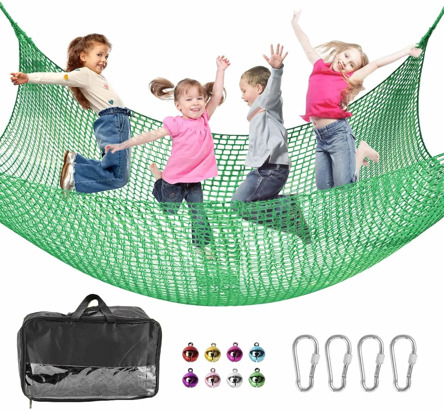 Climbing Net for Kids - 14.8FT x 9.9FT Double Layers Heavy Duty Playground Safety Net, Climbing Cargo Net for Tree House Tree Fort, Back Yard, Jungle Gyms, Monkey Bar Security Mesh（Green）