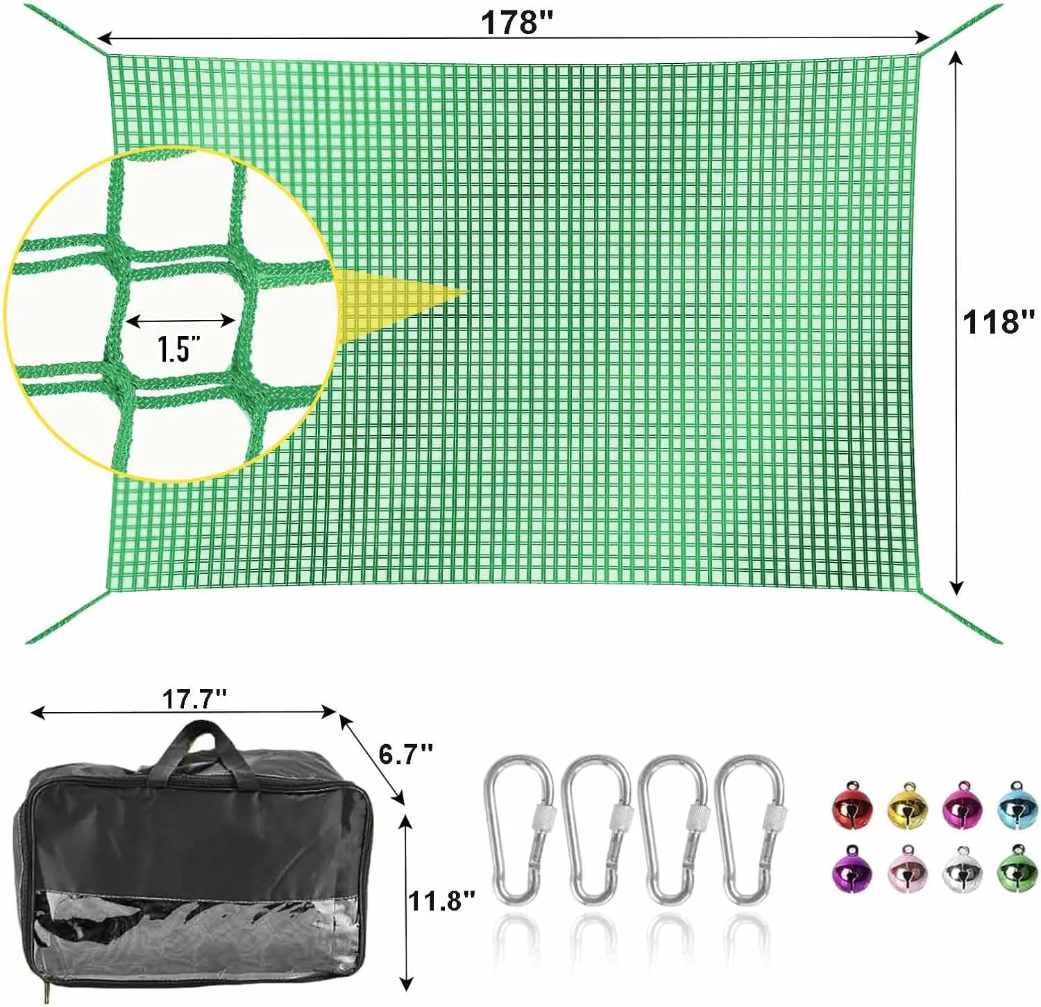 Climbing Net for Kids - 14.8FT x 9.9FT Double Layers Heavy Duty Playground Safety Net, Climbing Cargo Net for Tree House Tree Fort, Back Yard, Jungle Gyms, Monkey Bar Security Mesh（Green）
