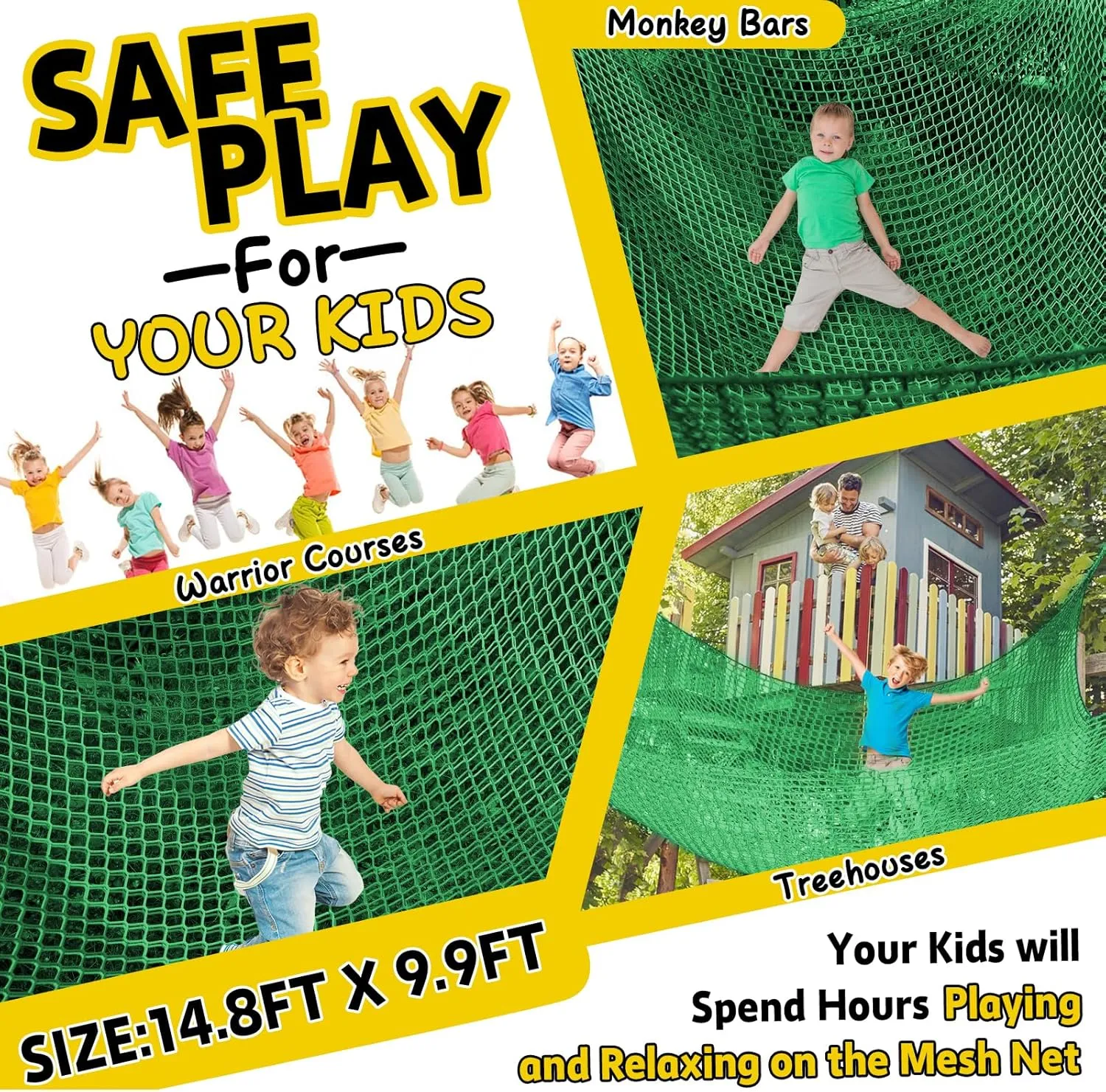 Climbing Net for Kids - 14.8FT x 9.9FT Double Layers Heavy Duty Playground Safety Net, Climbing Cargo Net for Tree House Tree Fort, Back Yard, Jungle Gyms, Monkey Bar Security Mesh（Green）