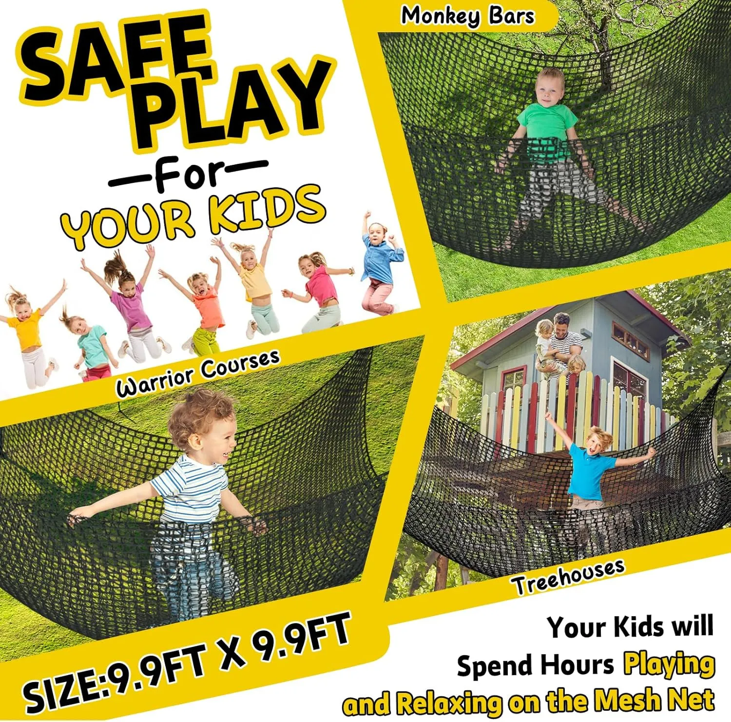 Climbing Net for Kids - 9.9FT x 9.9FT Double Layers Heavy Duty Playground Safety Net, Climbing Cargo Net for Tree House Tree Fort, Back Yard, Jungle Gyms, Monkey Bar Security Mesh（Black）