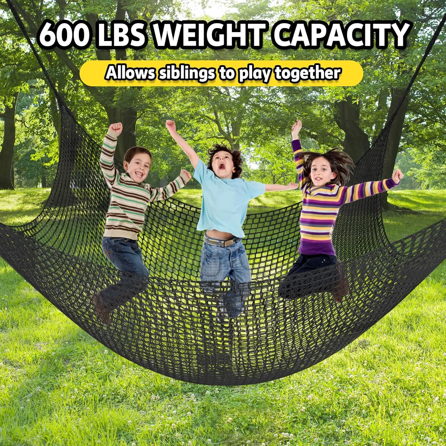 Climbing Net for Kids - 9.9FT x 9.9FT Double Layers Heavy Duty Playground Safety Net, Climbing Cargo Net for Tree House Tree Fort, Back Yard, Jungle Gyms, Monkey Bar Security Mesh（Black）