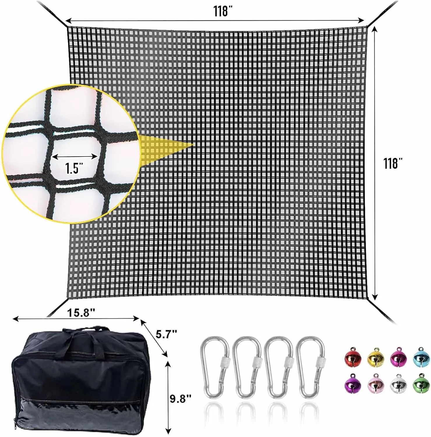 Climbing Net for Kids - 9.9FT x 9.9FT Double Layers Heavy Duty Playground Safety Net, Climbing Cargo Net for Tree House Tree Fort, Back Yard, Jungle Gyms, Monkey Bar Security Mesh（Black）
