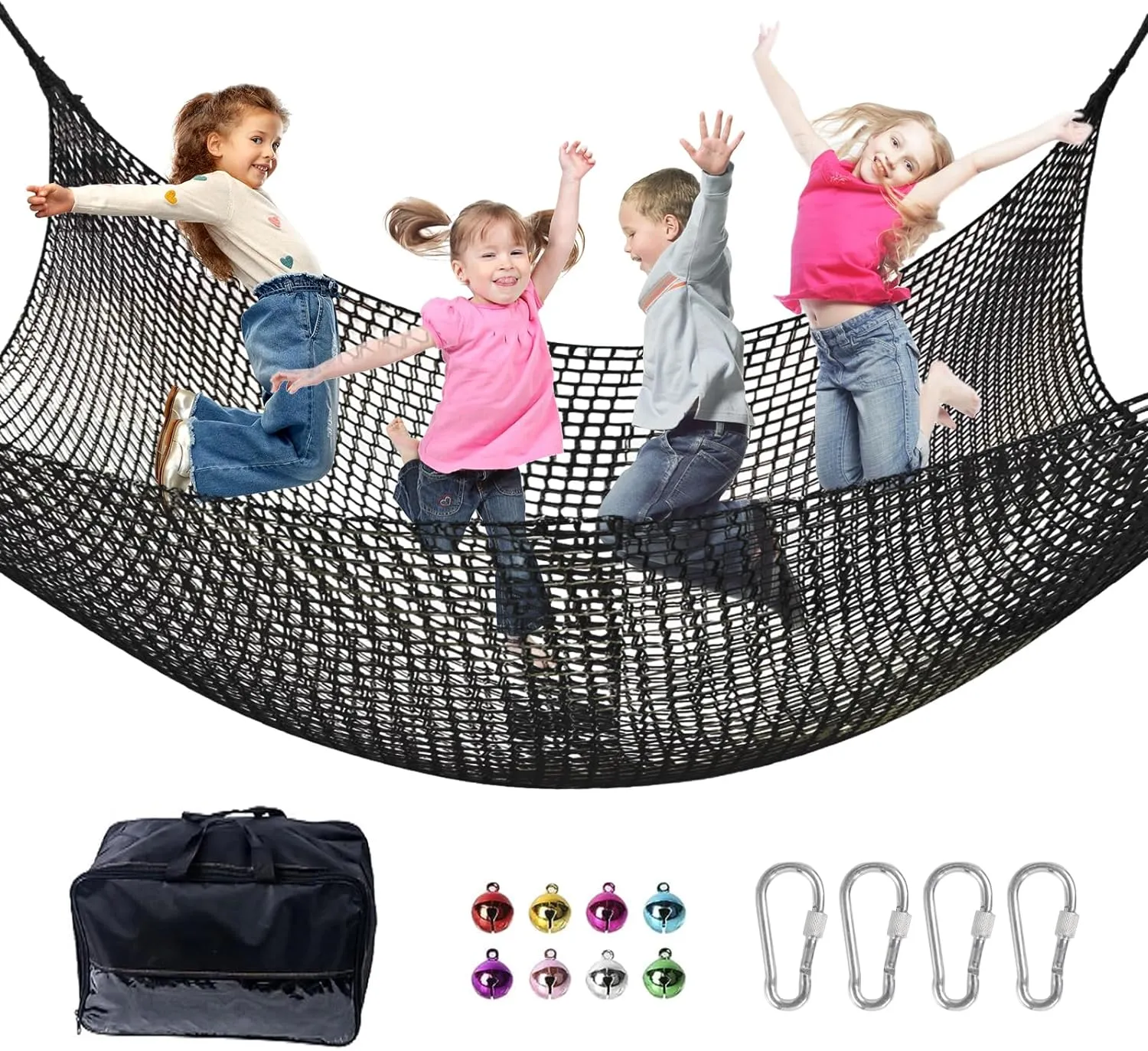 Climbing Net for Kids - 9.9FT x 9.9FT Double Layers Heavy Duty Playground Safety Net, Climbing Cargo Net for Tree House Tree Fort, Back Yard, Jungle Gyms, Monkey Bar Security Mesh（Black）
