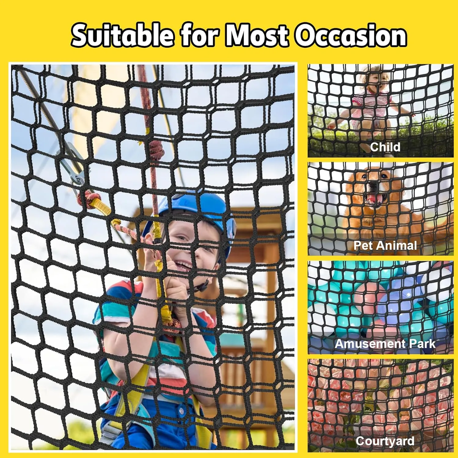 Climbing Net for Kids - 9.9FT x 9.9FT Double Layers Heavy Duty Playground Safety Net, Climbing Cargo Net for Tree House Tree Fort, Back Yard, Jungle Gyms, Monkey Bar Security Mesh（Black）