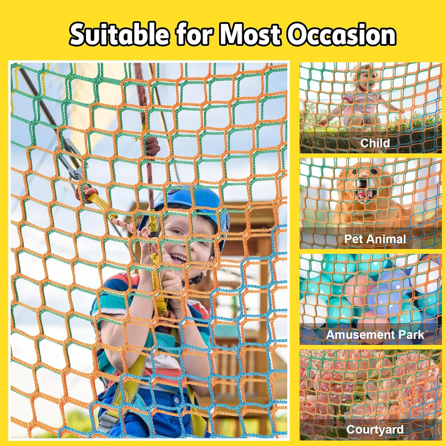 Climbing Net for Kids - 9.9FT x 9.9FT Double Layers Heavy Duty Playground Safety Net, Climbing Cargo Net for Tree House Tree Fort, Back Yard, Jungle Gyms, Monkey Bar Security Mesh（Rainbow）