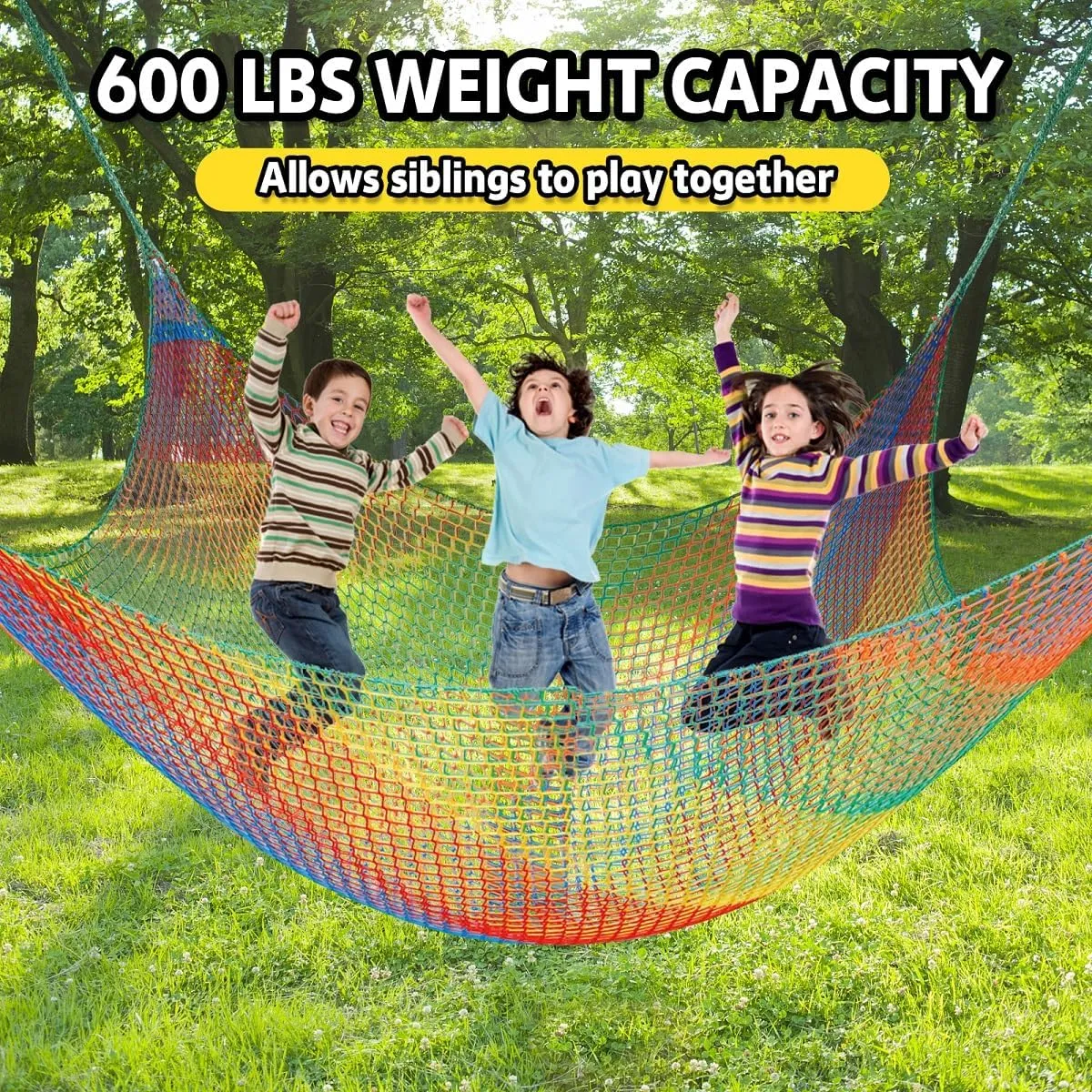 Climbing Net for Kids - 9.9FT x 9.9FT Double Layers Heavy Duty Playground Safety Net, Climbing Cargo Net for Tree House Tree Fort, Back Yard, Jungle Gyms, Monkey Bar Security Mesh（Rainbow）