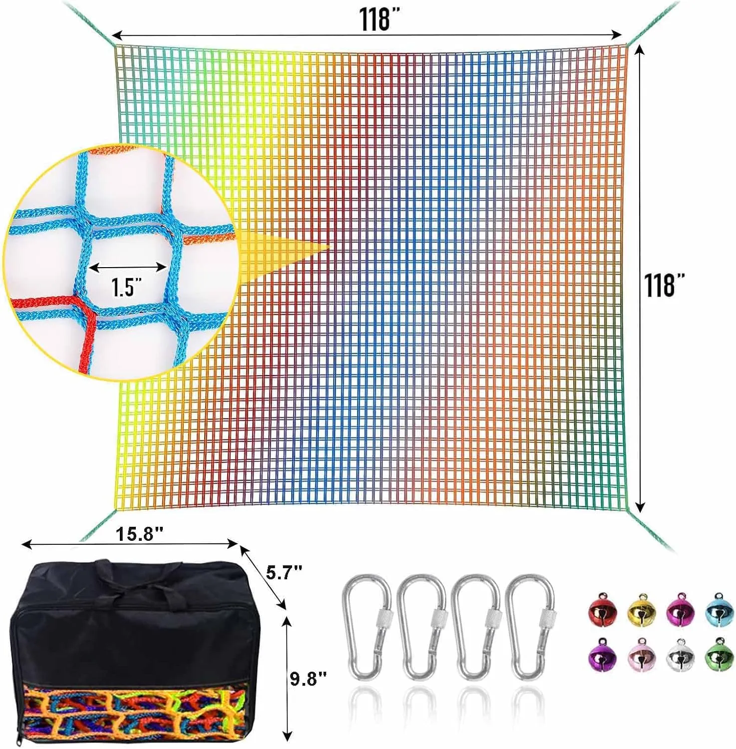Climbing Net for Kids - 9.9FT x 9.9FT Double Layers Heavy Duty Playground Safety Net, Climbing Cargo Net for Tree House Tree Fort, Back Yard, Jungle Gyms, Monkey Bar Security Mesh（Rainbow）